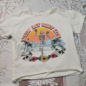 Juniors Graphic Tee - Cream/ White with Colorful Print